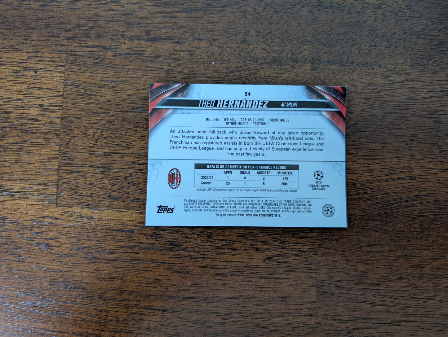 Theo Hernandez - AC Milan - Topps Chrome - #54