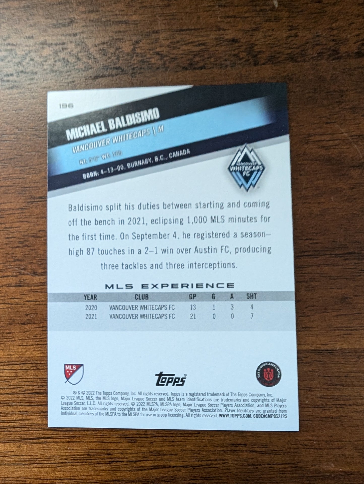 Michael Baldisimo - Vancouver Whitecaps - Topps Major League Soccer - #196- Icy White Foil