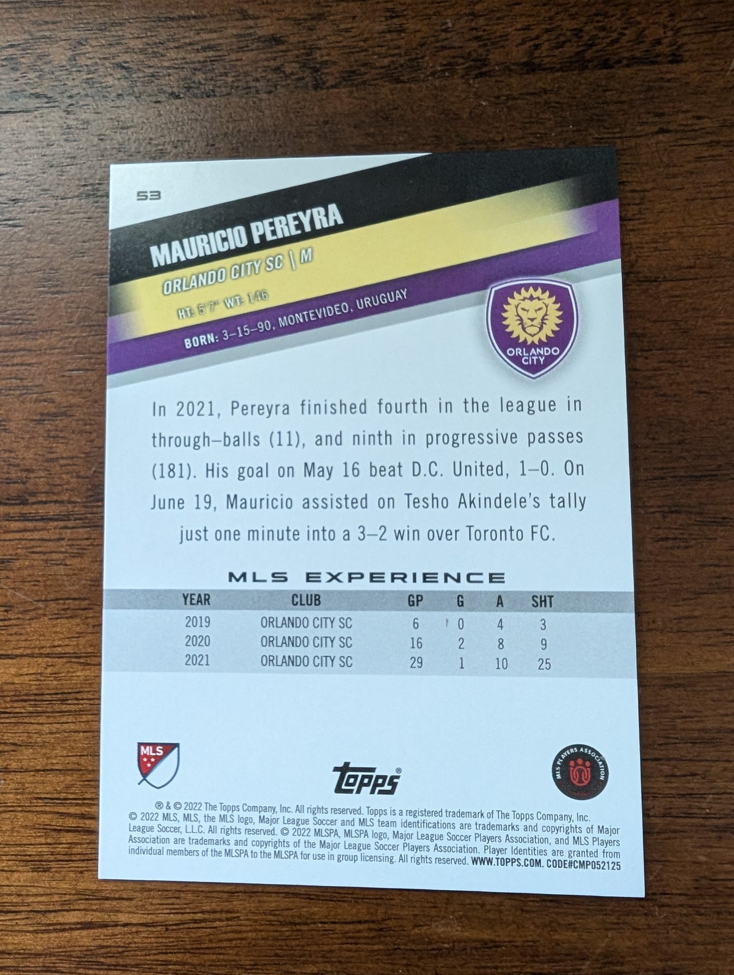 Mauricio Pereyra - Orlando City SC - Topps Major League Soccer - #53