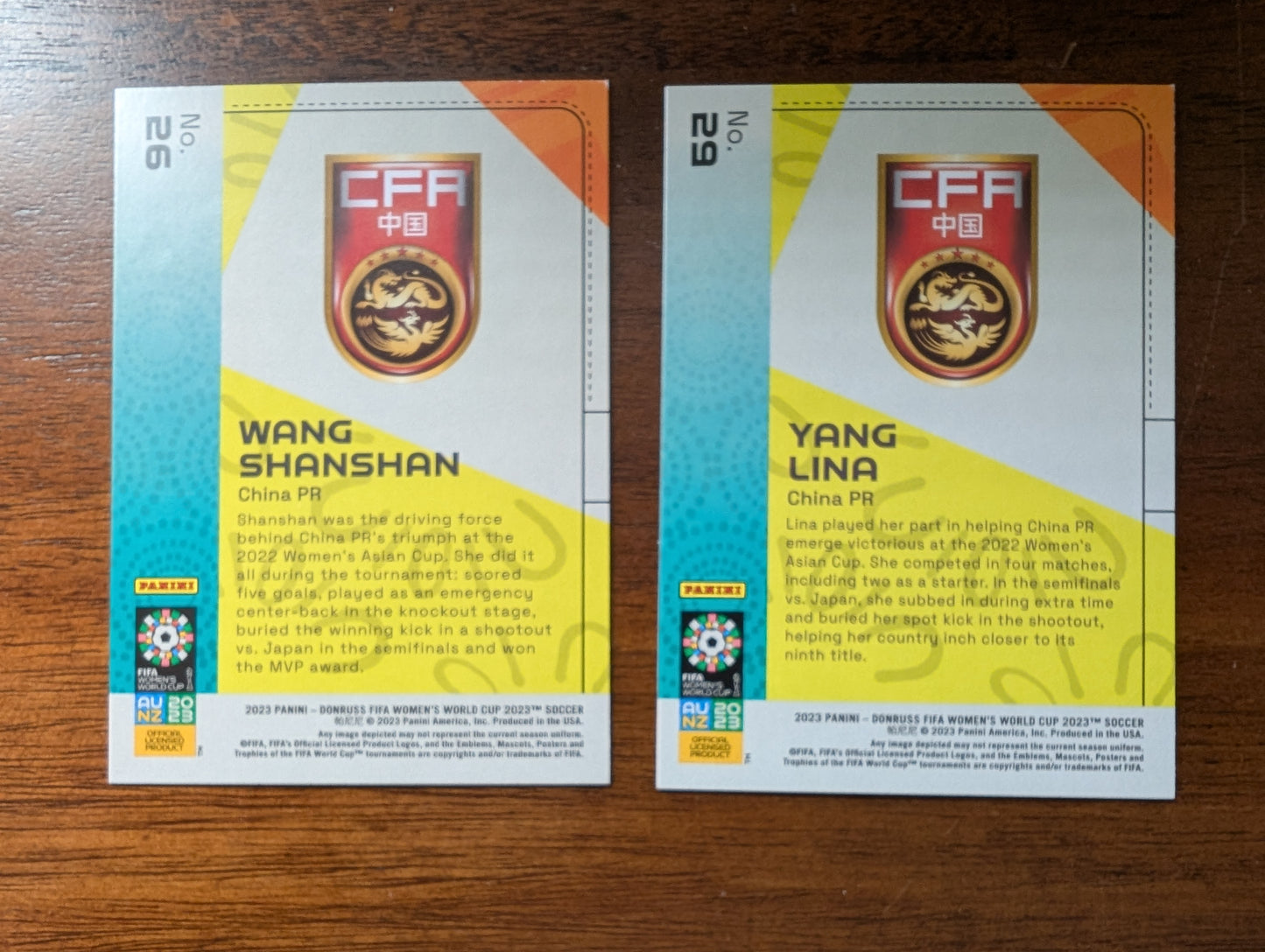 2023 Fifa Women's World Cup - Wang Shanshan Rookie #26 - Yang Lina Rookie #29 - China PR