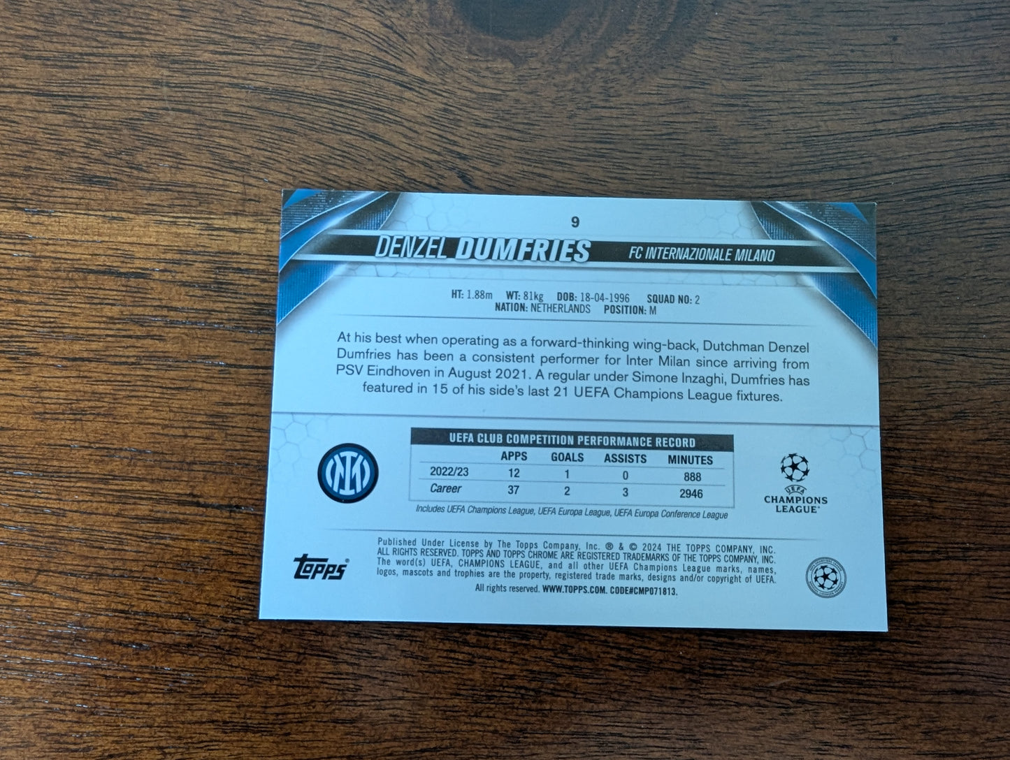 Denzel Dumfries - FC Internazionale Milano - Topps Chrome - #9