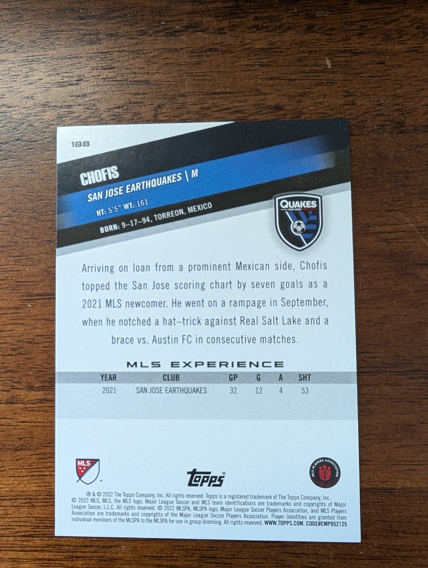 Chofis - San Jose Earthquakes - Topps Major League Soccer - #188- Icy White Foil