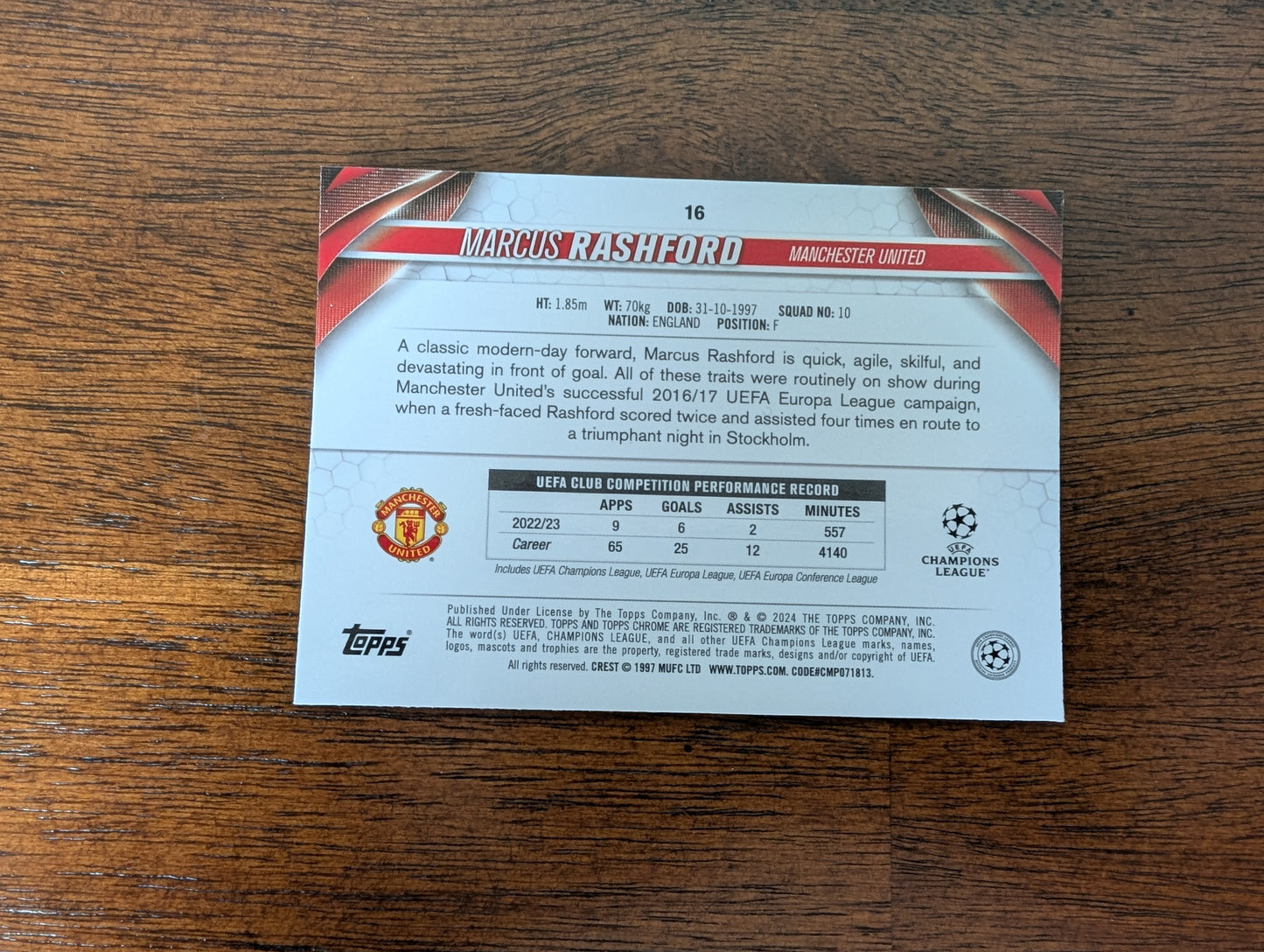 Marcus Rashford - Manchester United - Topps Chrome - #16 - Aqua Prism Refractor