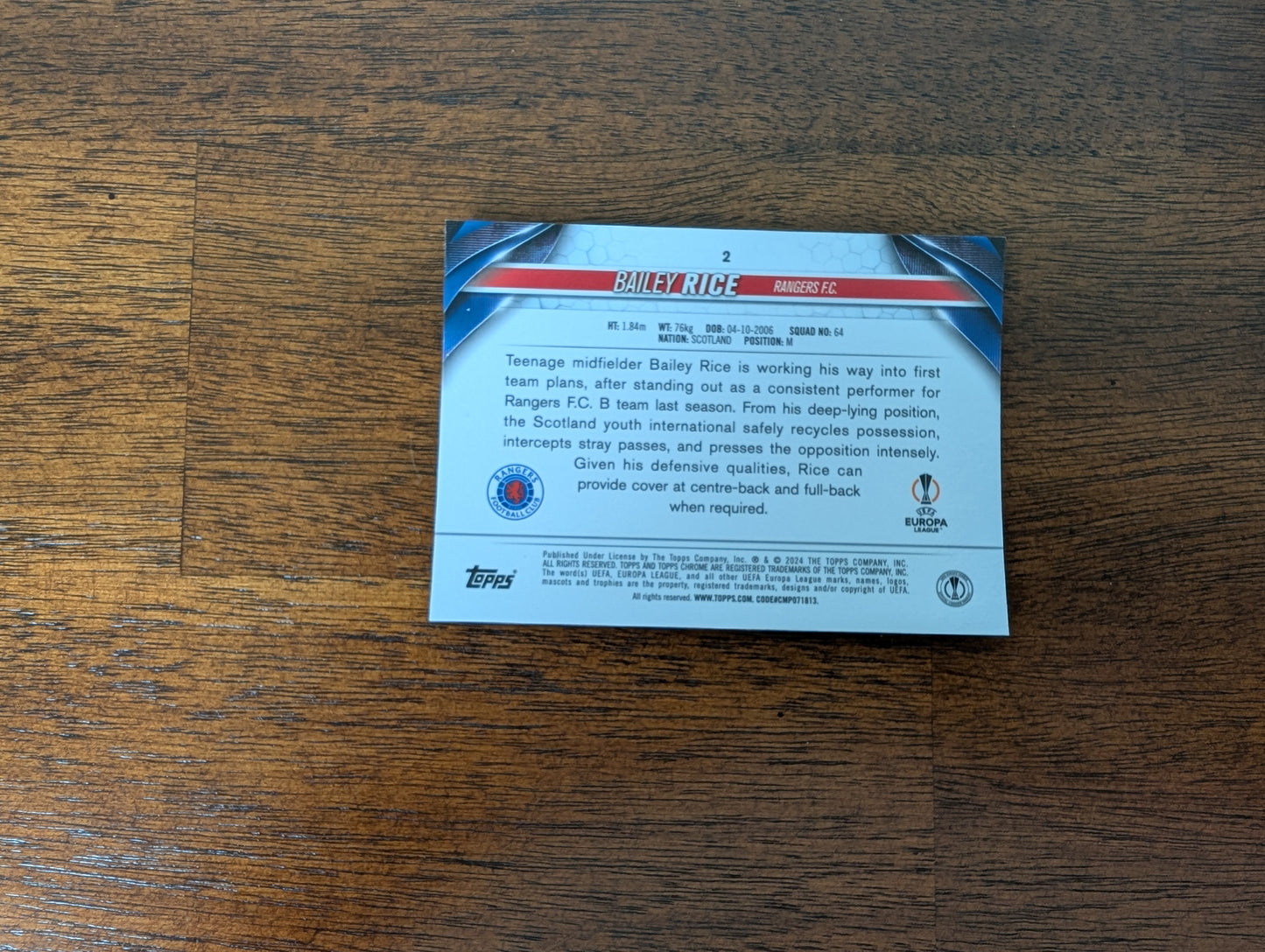 Bailey Rice - Rangers F.C. - Topps Chrome - #2 - Rookie
